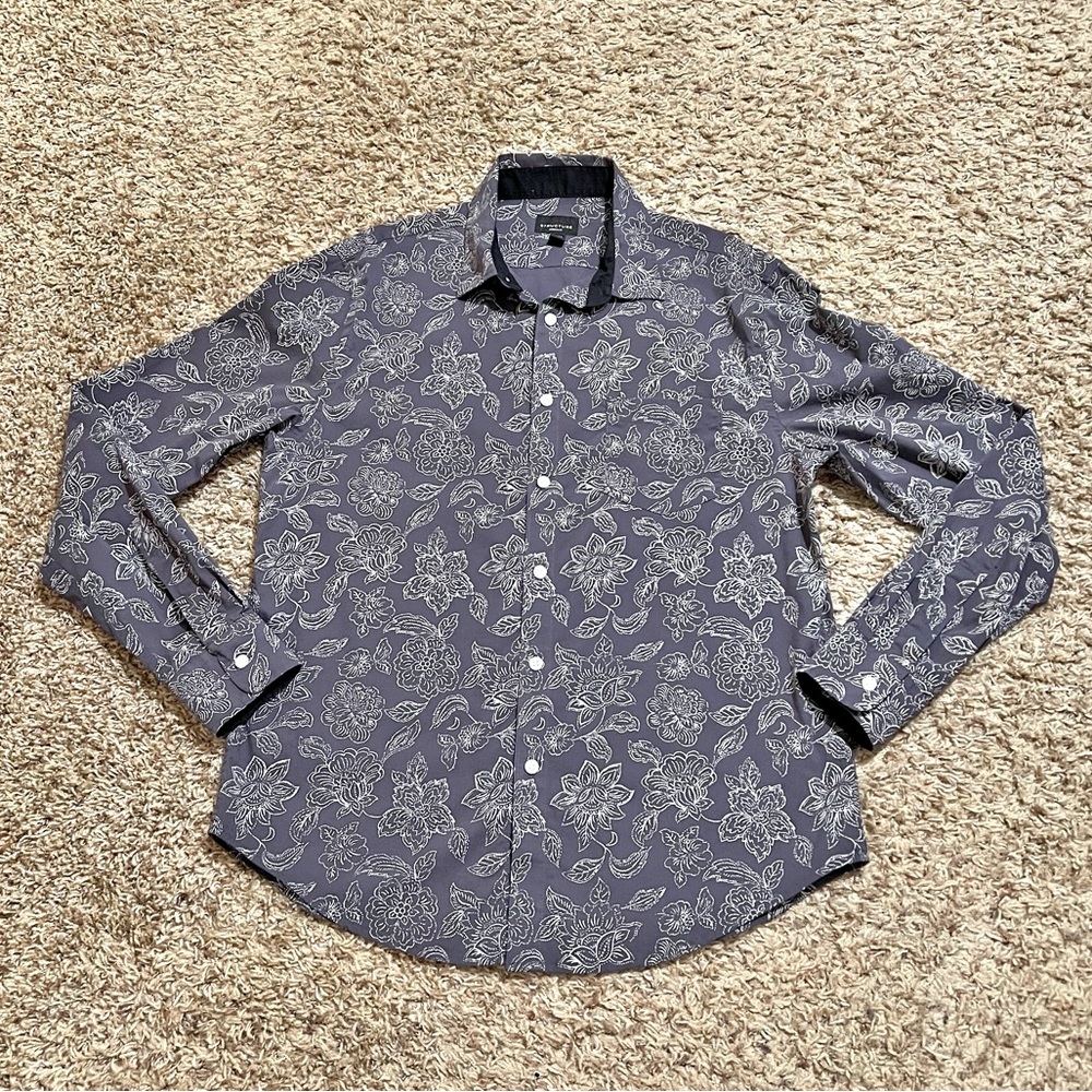 Structure Men’s Modern Fit Shirt Gray White Floral Print Rodeo Western Medium